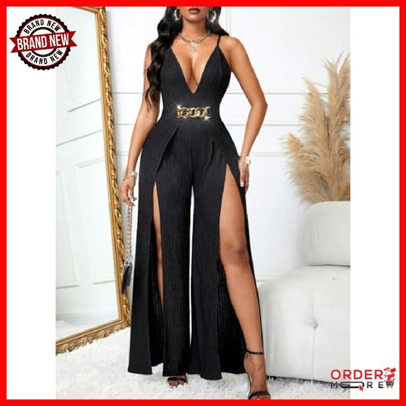 Sleeveless V-Neck Jumpsuit with Metal Belt High Waisted Slit - Picture 5 of 8